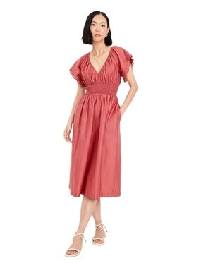 Old Navy Waist Defined Midi Dress V-neck Flutter Sleeve Mauve Large